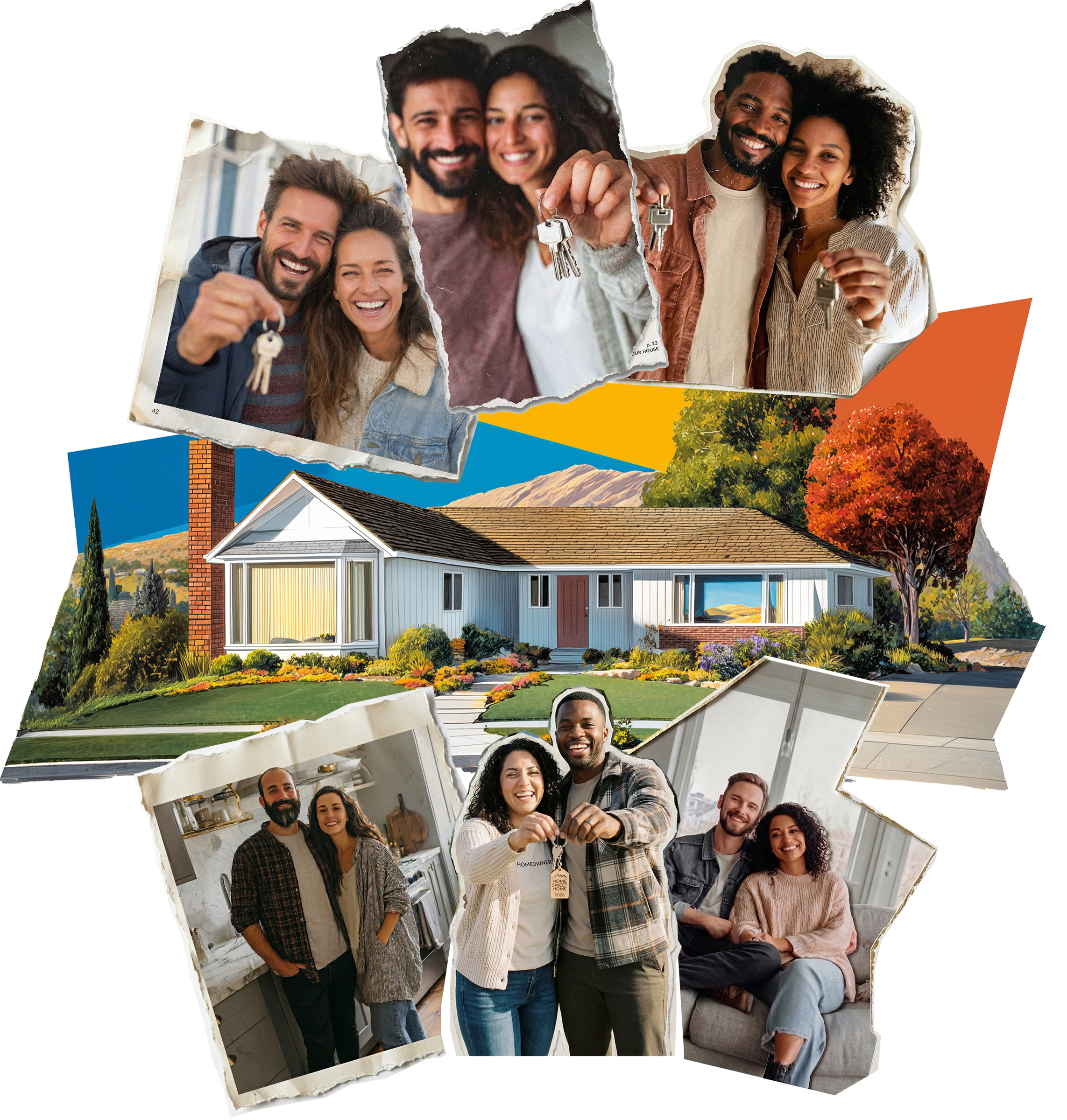 Happy homebuyers with keys in front of homes